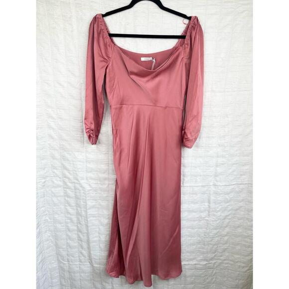Lush Pink Mauve Satin Square Neck Long Sleeve Midi Dress Size Small Mauve Woods - Picture 2 of 11
